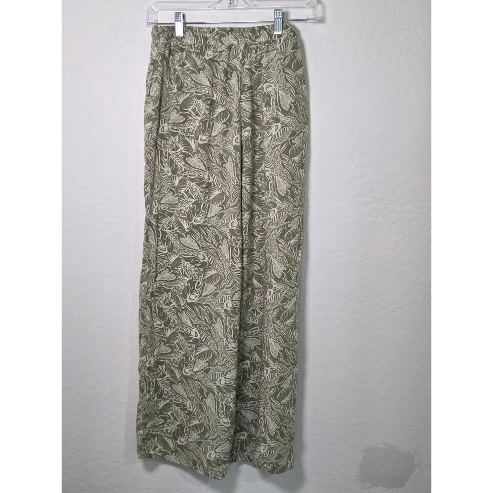 Love Wish Women Sage Green Tropical Leaf Print Wide Leg Rayon Drawstring Pants L